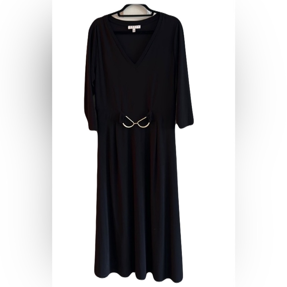 Chaus Dress Black long sleeved, attached gold looped belt